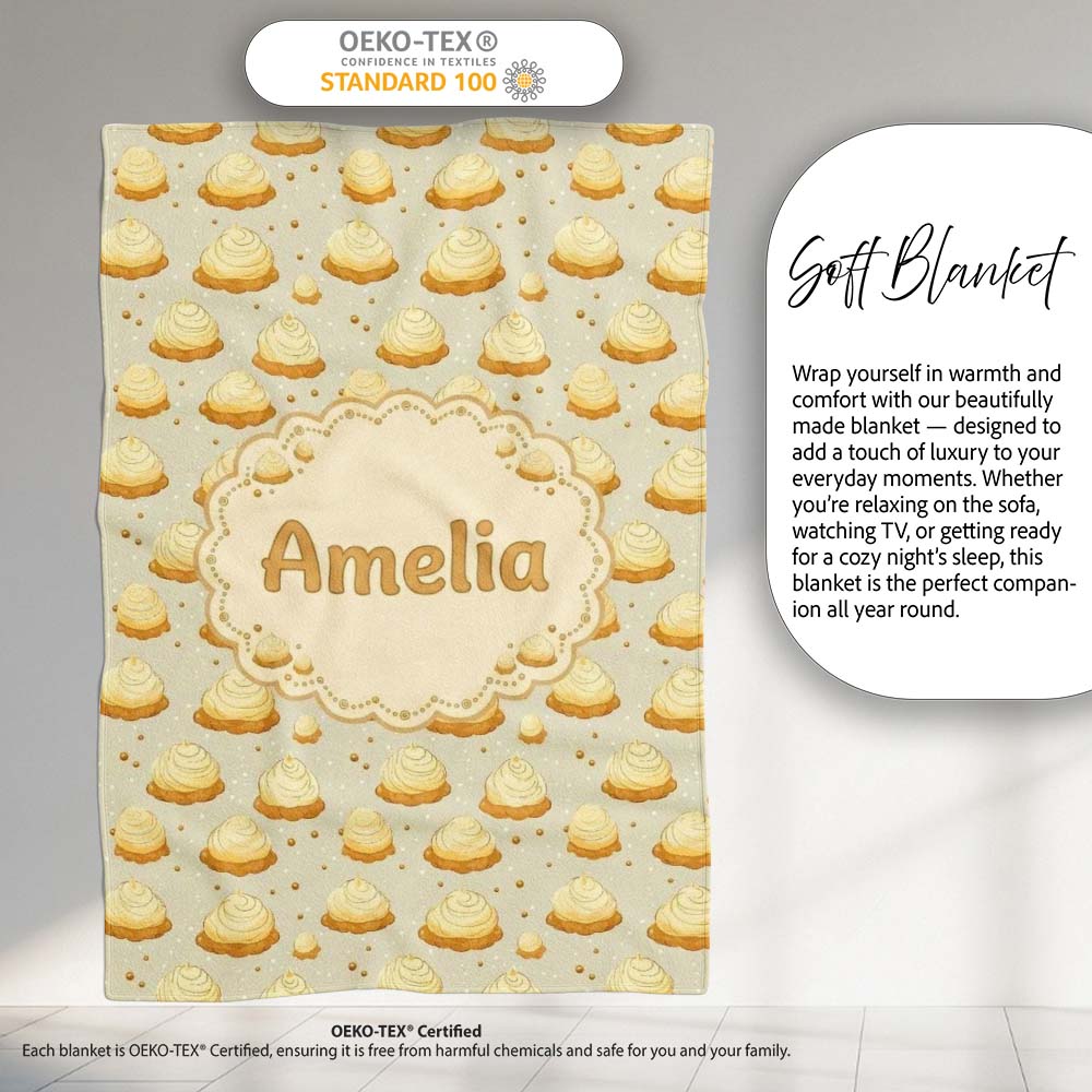 Golden Cream Dollop Pastry Repeating Minimal Seamless Pattern Lovely Personalised Custom Name Super Soft Fleece Blanket Bed Sofa Throw