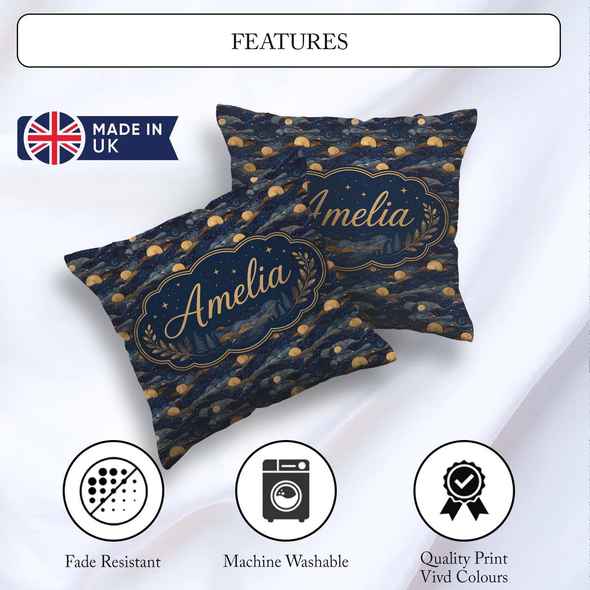 Custom Name Golden Moon Ocean Waves Abstract Night Seamless Name Square Filled Cushion Throw Pillow Sofa Bed Home Decor Zip Washable UK Made