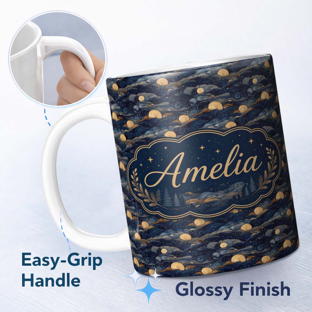 Personalized Custom Name Golden Moon Ocean Waves Abstract Night Seamless Pattern Name Cute 11oz Ceramic Coffee Tea Mug White Large Handle