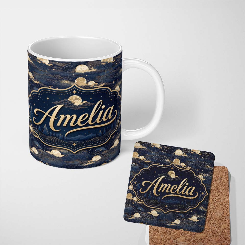 Personalized Custom Name Moonlit Clouds Starry Night Sky Seamless Pattern Name Cute Unique 11oz Ceramic Coffee Tea Mug White Large Handle