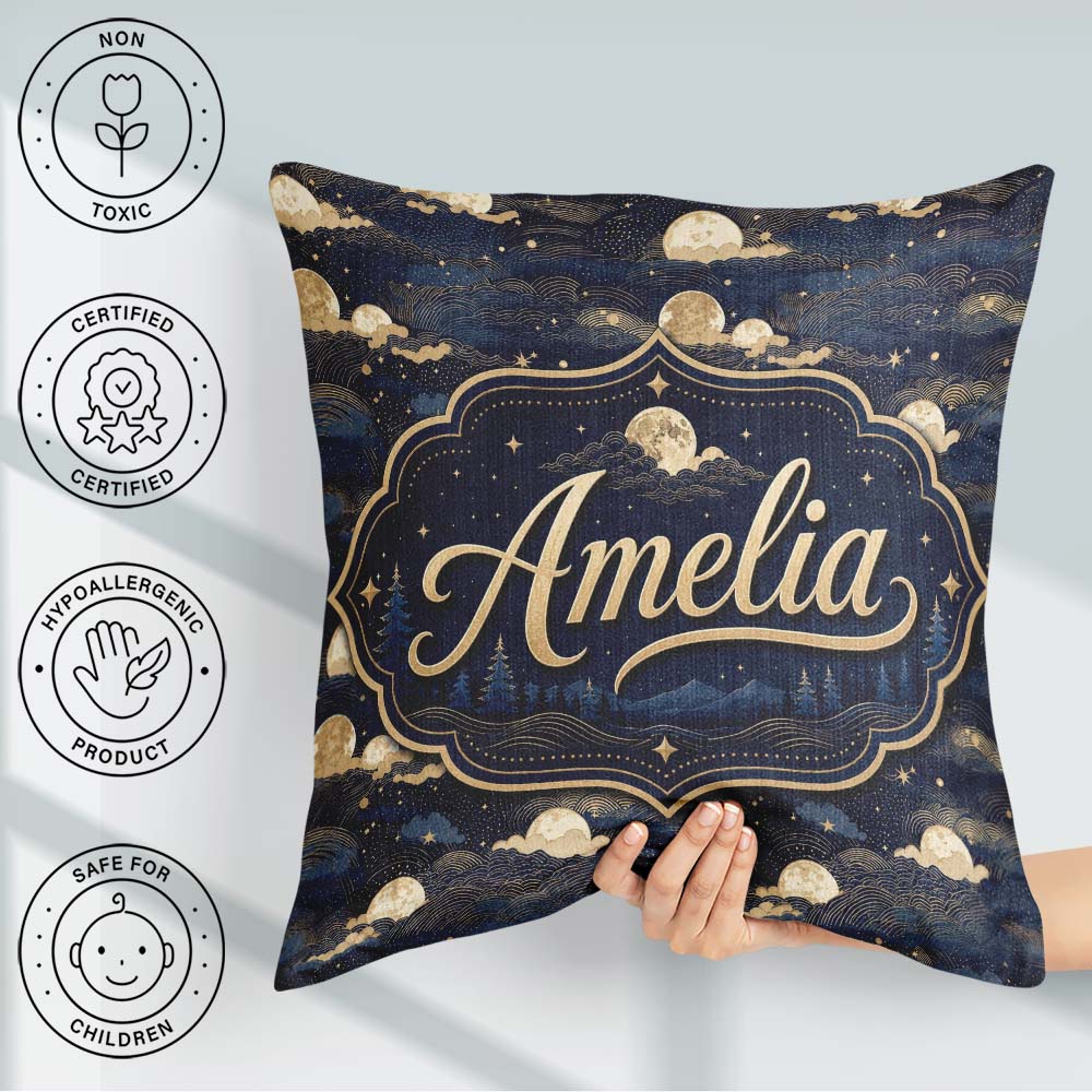Custom Name Moonlit Clouds Starry Sky Seamless Pattern Name Cute Square Filled Cushion Throw Pillow Sofa Bed Home Decor Zip Washable UK Made