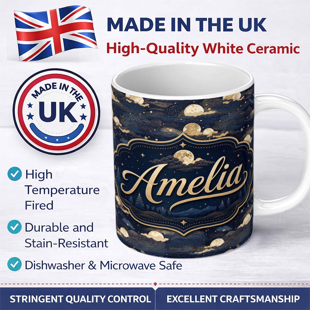Personalized Custom Name Moonlit Clouds Starry Night Sky Seamless Pattern Name Cute Unique 11oz Ceramic Coffee Tea Mug White Large Handle