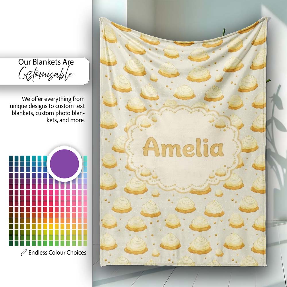 Golden Cream Dollop Pastry Repeating Minimal Seamless Pattern Lovely Personalised Custom Name Super Soft Fleece Blanket Bed Sofa Throw