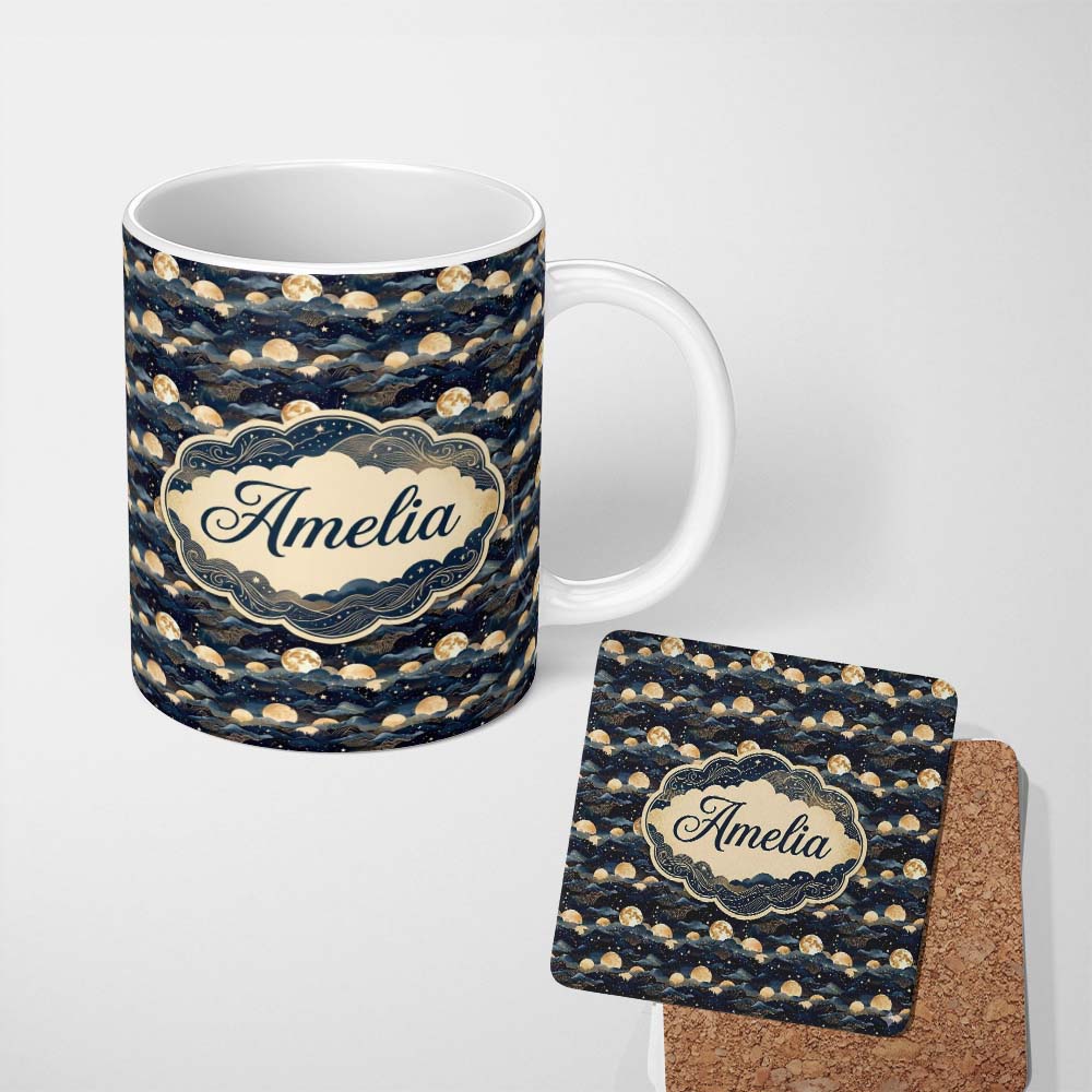 Personalized Custom Name Full Moon Mountain Landscape Starry Sky Seamless Pattern Name Cute 11oz Ceramic Coffee Tea Mug White Large Handle