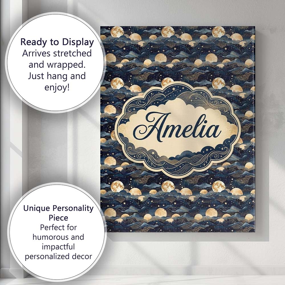 Personalised Name Full Moon Mountain Custom Premium Decorative Design Modern Room Accent Canvas Wall Art Print Decor Picture Ready to Hang