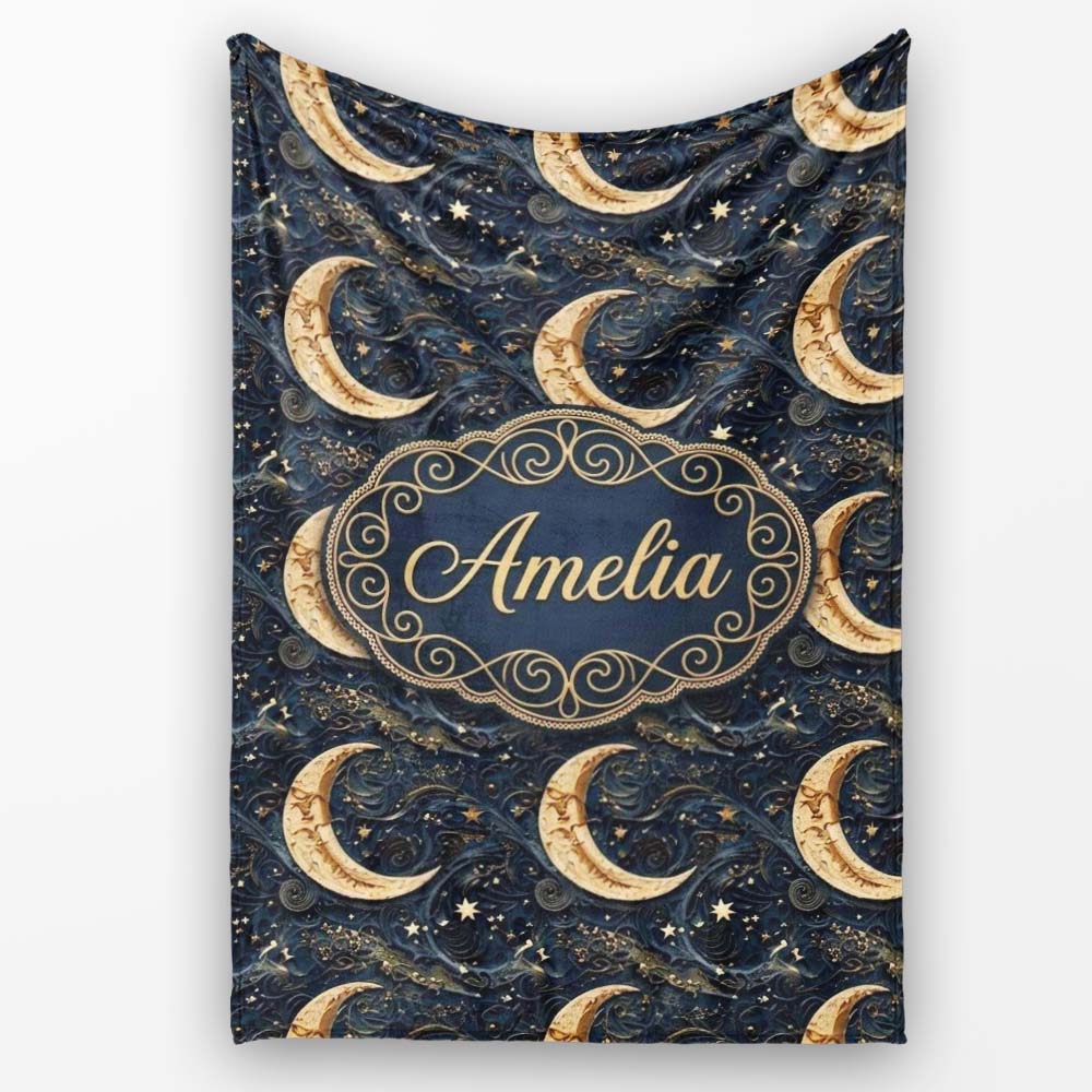 Ornate Crescent Moon Stars Celestial Seamless Pattern Name Cute Personalised Custom Name Super Soft Fleece Blanket Bed Sofa Throw