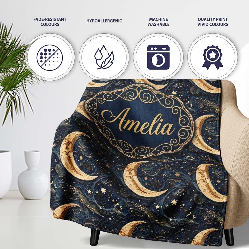 Ornate Crescent Moon Stars Celestial Seamless Pattern Name Cute Personalised Custom Name Super Soft Fleece Blanket Bed Sofa Throw
