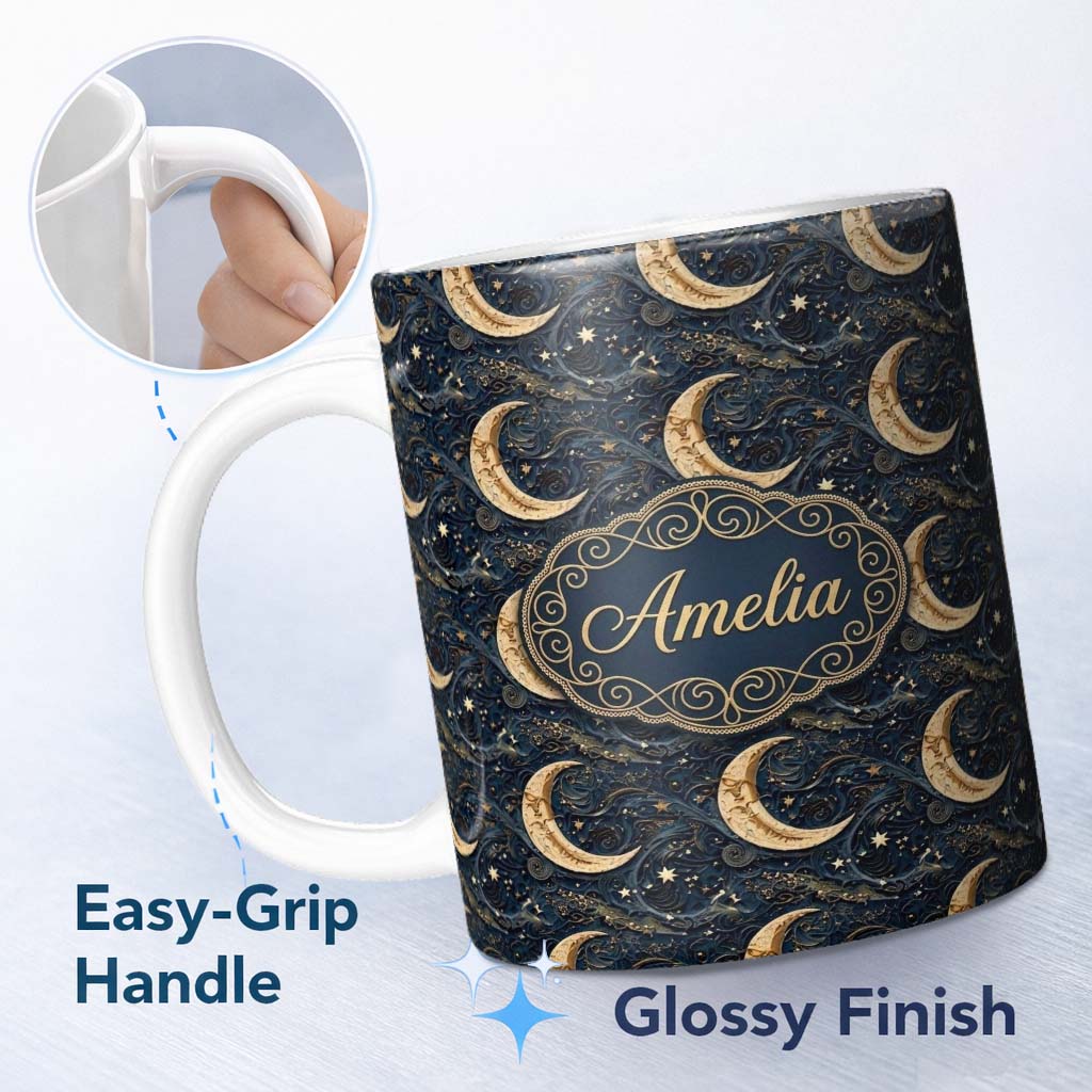 Personalized Custom Name Ornate Crescent Moon Stars Celestial Seamless Pattern Name Cute 11oz Ceramic Coffee Tea Mug White Large Handle
