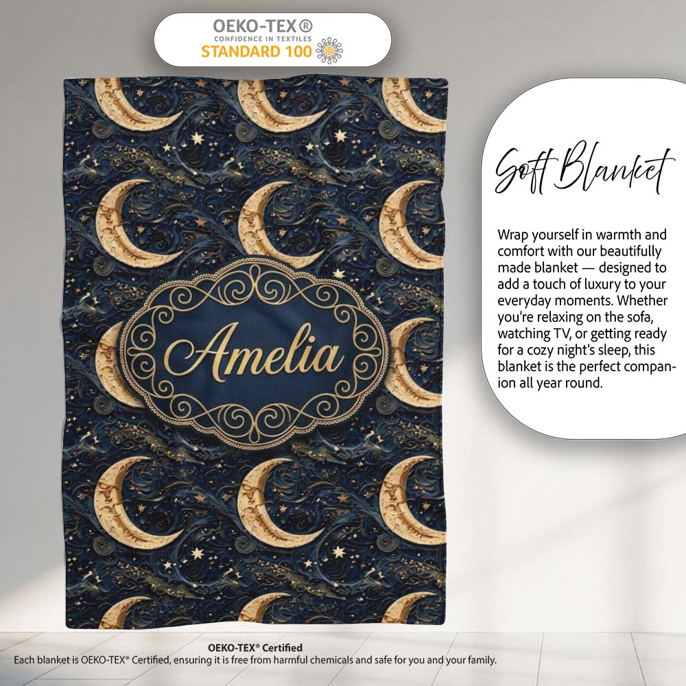 Ornate Crescent Moon Stars Celestial Seamless Pattern Name Cute Personalised Custom Name Super Soft Fleece Blanket Bed Sofa Throw