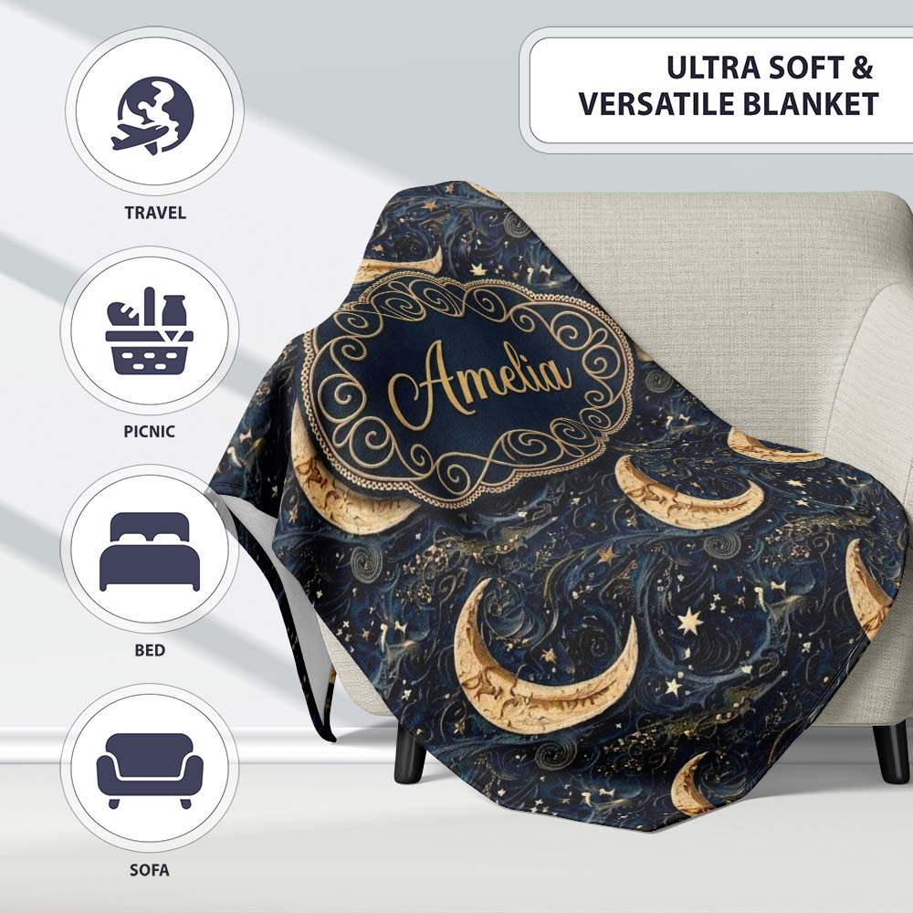 Ornate Crescent Moon Stars Celestial Seamless Pattern Name Cute Personalised Custom Name Super Soft Fleece Blanket Bed Sofa Throw