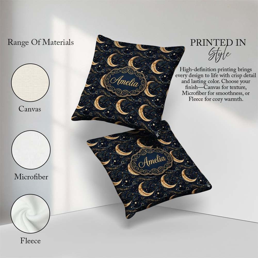 Custom Name Ornate Crescent Moon Celestial Seamless Pattern Name Square Filled Cushion Throw Pillow Sofa Bed Home Decor Zip Washable UK Made