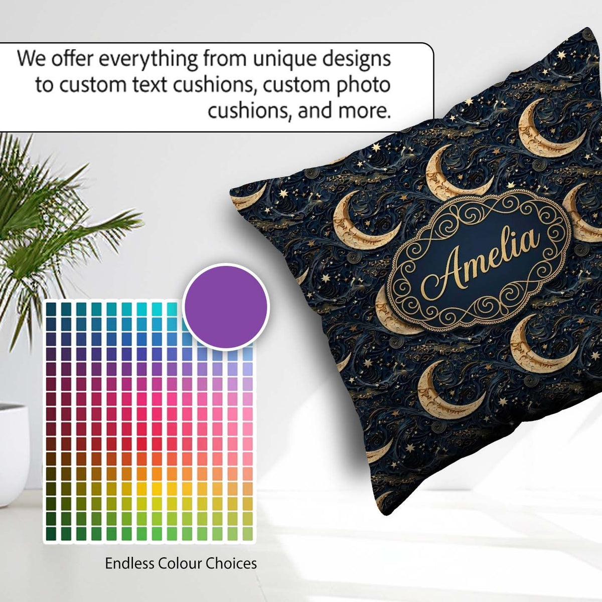 Custom Name Ornate Crescent Moon Celestial Seamless Pattern Name Square Filled Cushion Throw Pillow Sofa Bed Home Decor Zip Washable UK Made