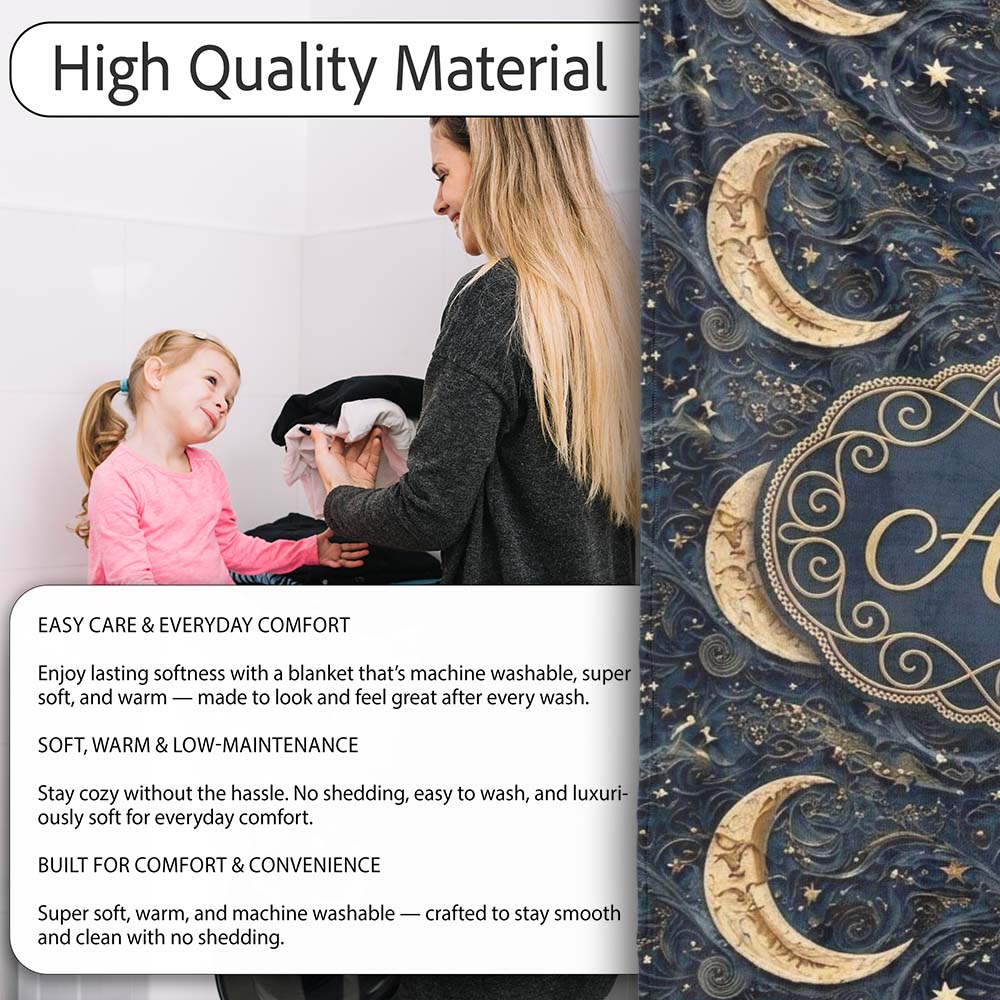 Ornate Crescent Moon Stars Celestial Seamless Pattern Name Cute Personalised Custom Name Super Soft Fleece Blanket Bed Sofa Throw