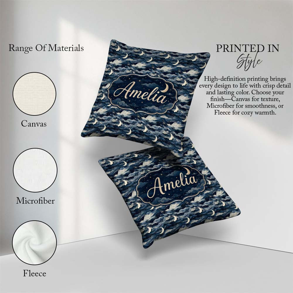 Custom Name Mystic Crescent Moon Cloudy Night Seamless Name Cute Square Filled Cushion Throw Pillow Sofa Bed Home Decor Zip Washable UK Made