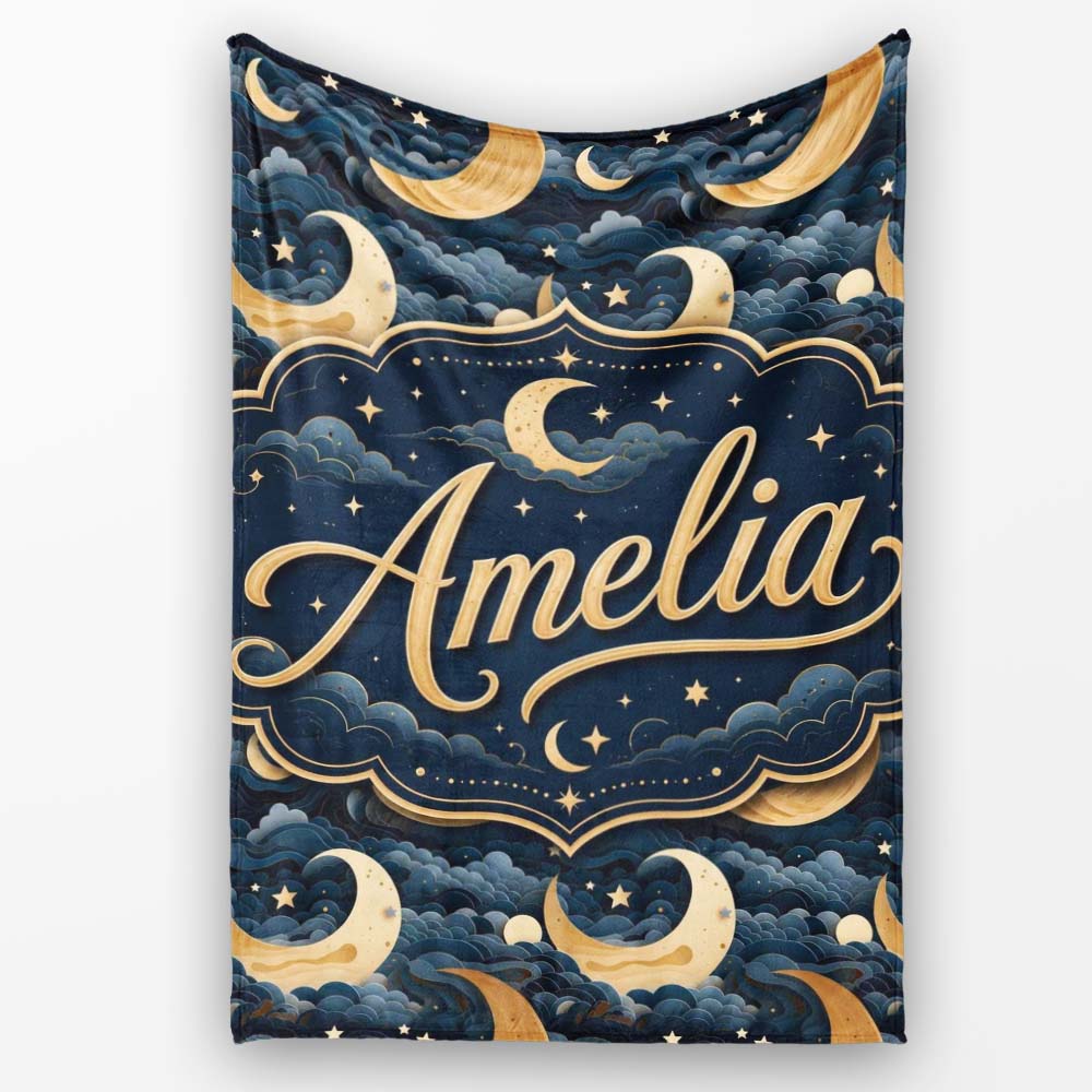 Golden Crescent Moon Ocean Waves Night Seamless Pattern Name Cute Personalised Custom Name Super Soft Fleece Blanket Bed Sofa Throw