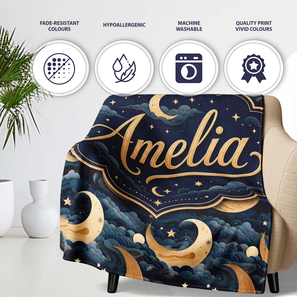 Golden Crescent Moon Ocean Waves Night Seamless Pattern Name Cute Personalised Custom Name Super Soft Fleece Blanket Bed Sofa Throw