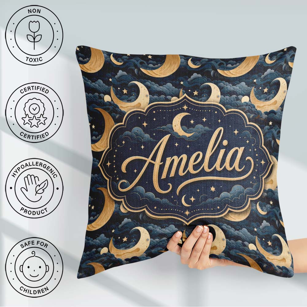 Custom Name Golden Crescent Moon Ocean Waves Night Seamless Name Square Filled Cushion Throw Pillow Sofa Bed Home Decor Zip Washable UK Made