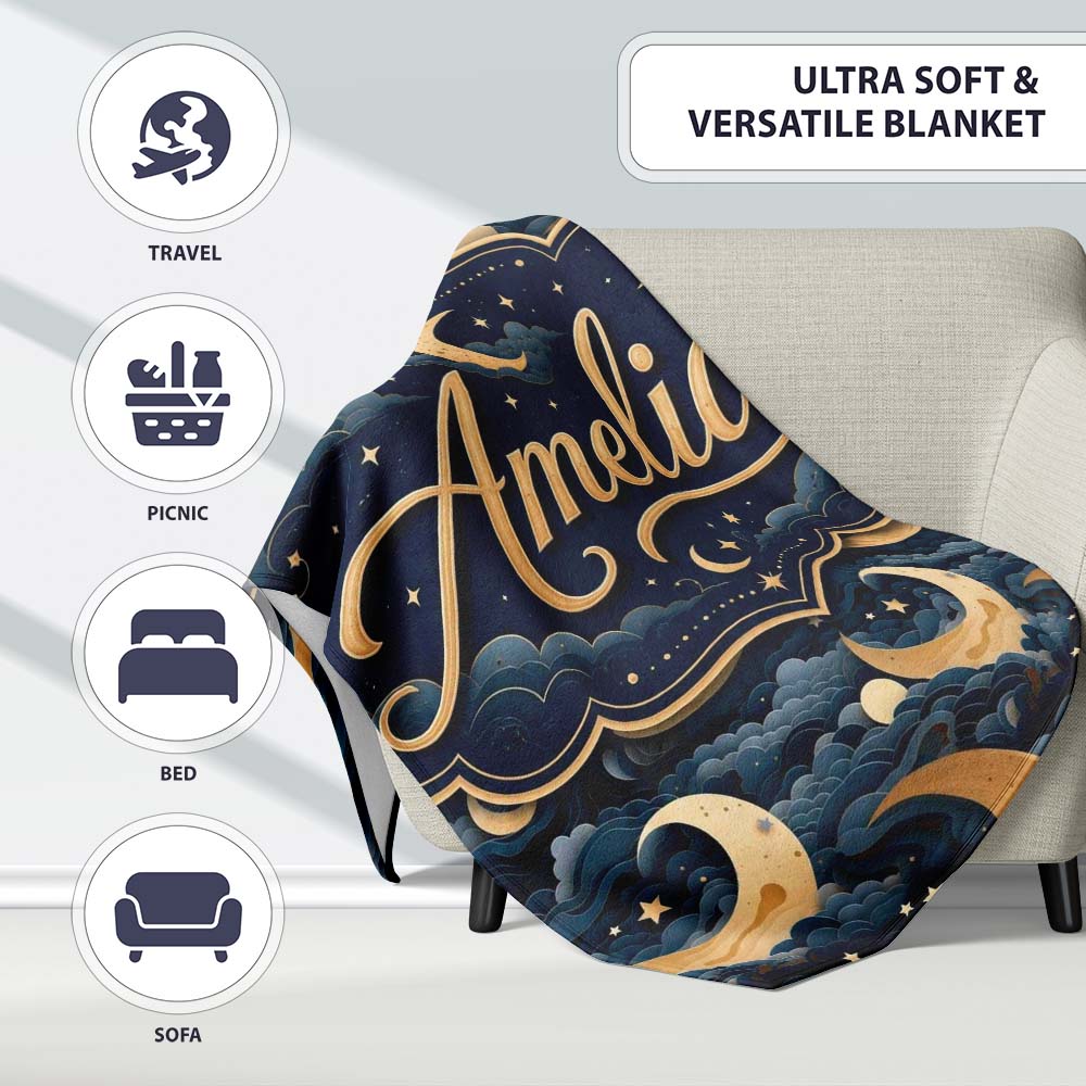 Golden Crescent Moon Ocean Waves Night Seamless Pattern Name Cute Personalised Custom Name Super Soft Fleece Blanket Bed Sofa Throw