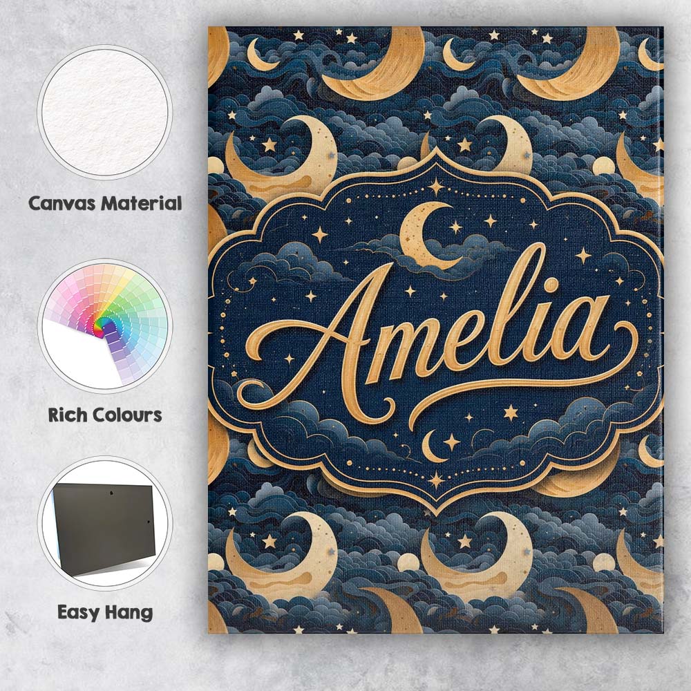 Personalised Name Golden Crescent Moon Custom Modern Room Accent Elegant Feature Canvas Wall Art Print Decor Picture Ready to Hang