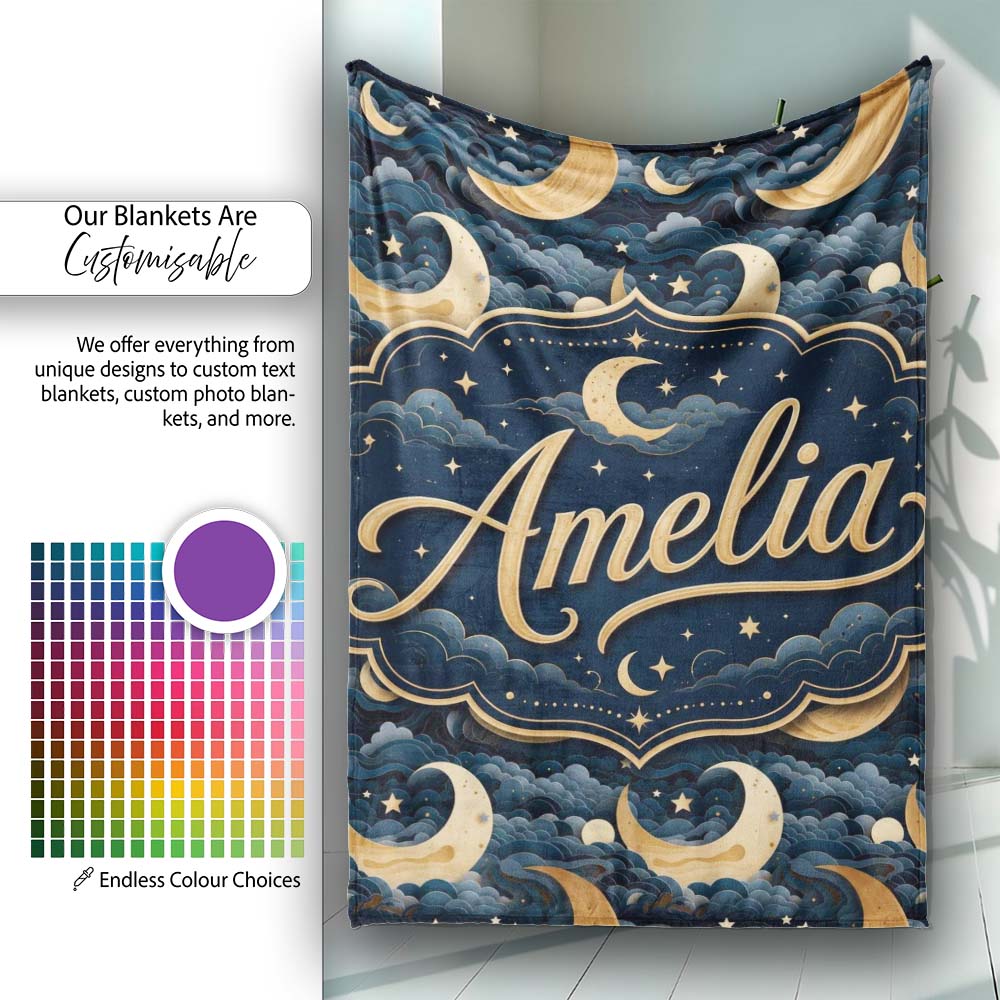 Golden Crescent Moon Ocean Waves Night Seamless Pattern Name Cute Personalised Custom Name Super Soft Fleece Blanket Bed Sofa Throw