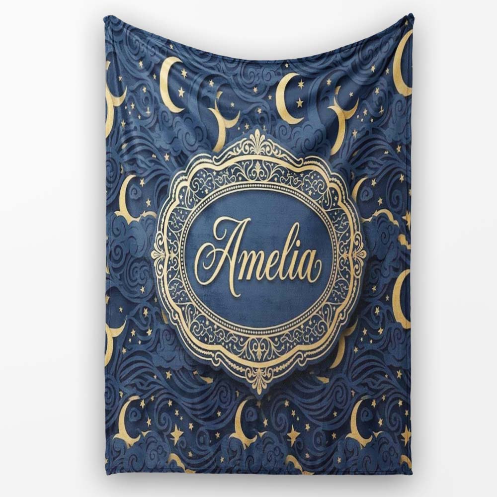 Celestial Crescent Moon Cloud Waves Starry Night Seamless Pattern Personalised Custom Name Super Soft Fleece Blanket Bed Sofa Throw