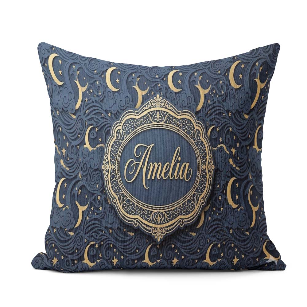 Custom Name Celestial Crescent Cloud Waves Starry Night Seamless Square Filled Cushion Throw Pillow Sofa Bed Home Decor Zip Washable UK Made