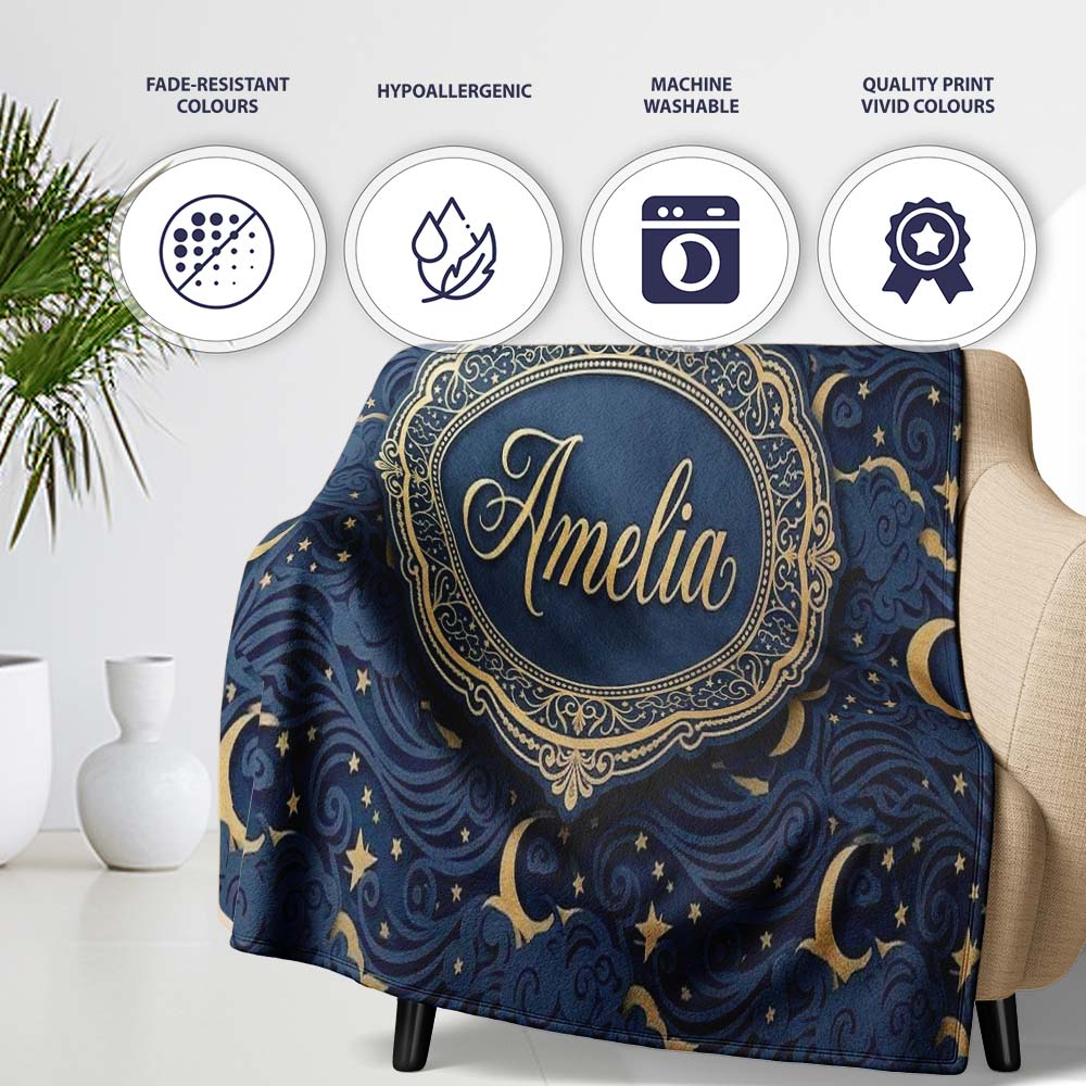 Celestial Crescent Moon Cloud Waves Starry Night Seamless Pattern Personalised Custom Name Super Soft Fleece Blanket Bed Sofa Throw