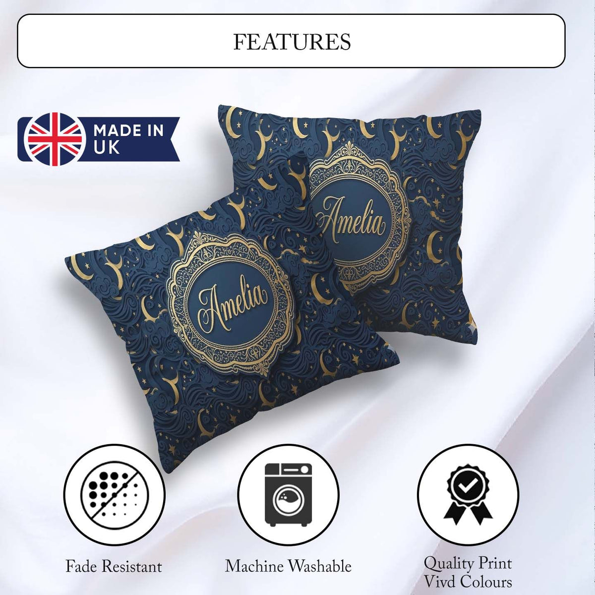 Custom Name Celestial Crescent Cloud Waves Starry Night Seamless Square Filled Cushion Throw Pillow Sofa Bed Home Decor Zip Washable UK Made