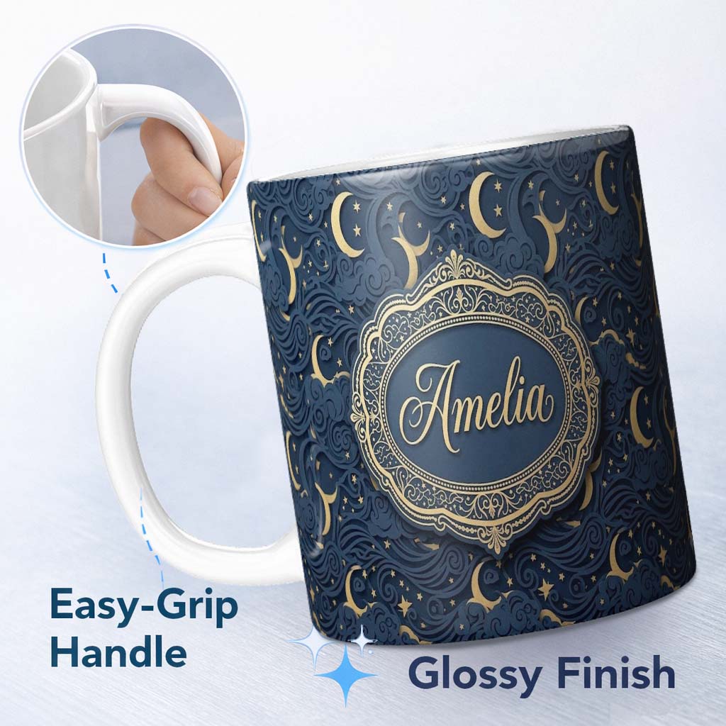 Personalized Custom Name Celestial Crescent Moon Cloud Waves Starry Night Seamless Pattern 11oz Ceramic Coffee Tea Mug White Large Handle