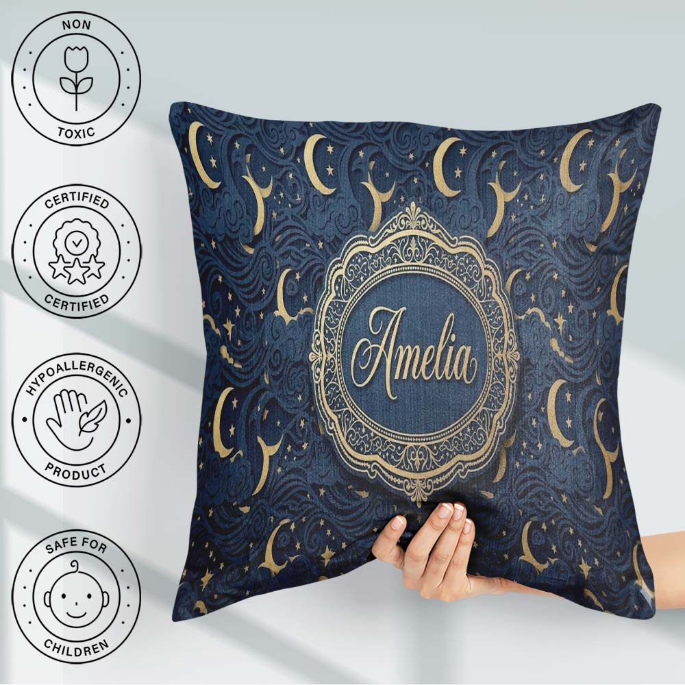 Custom Name Celestial Crescent Cloud Waves Starry Night Seamless Square Filled Cushion Throw Pillow Sofa Bed Home Decor Zip Washable UK Made