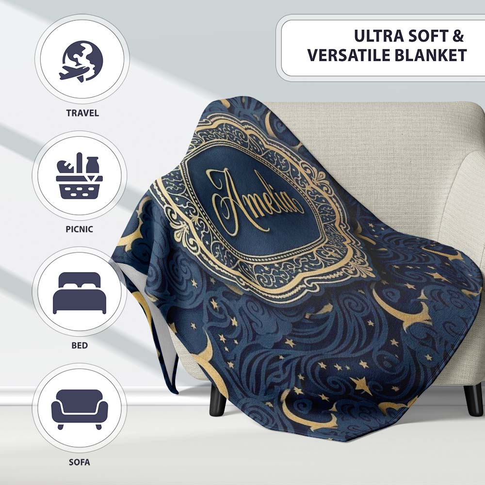 Celestial Crescent Moon Cloud Waves Starry Night Seamless Pattern Personalised Custom Name Super Soft Fleece Blanket Bed Sofa Throw
