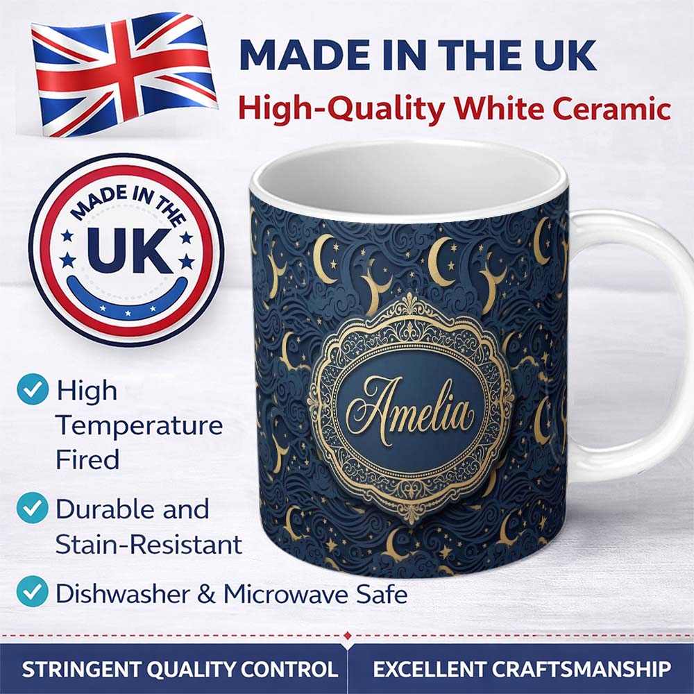 Personalized Custom Name Celestial Crescent Moon Cloud Waves Starry Night Seamless Pattern 11oz Ceramic Coffee Tea Mug White Large Handle