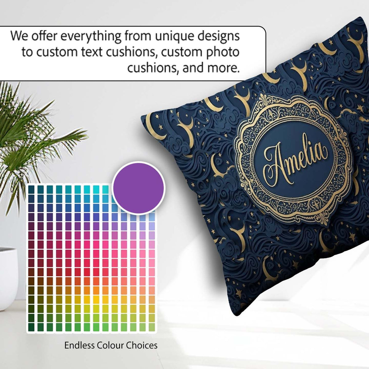 Custom Name Celestial Crescent Cloud Waves Starry Night Seamless Square Filled Cushion Throw Pillow Sofa Bed Home Decor Zip Washable UK Made
