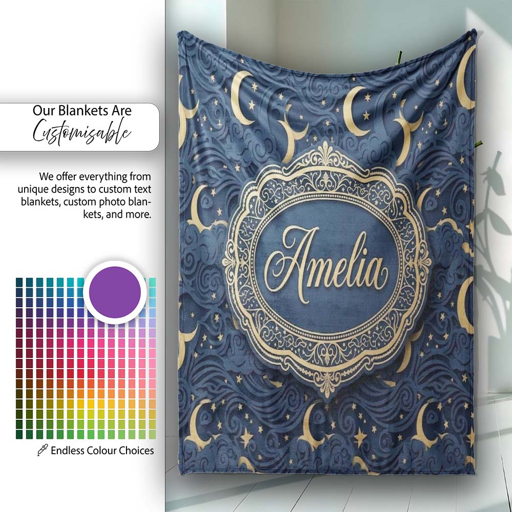 Celestial Crescent Moon Cloud Waves Starry Night Seamless Pattern Personalised Custom Name Super Soft Fleece Blanket Bed Sofa Throw