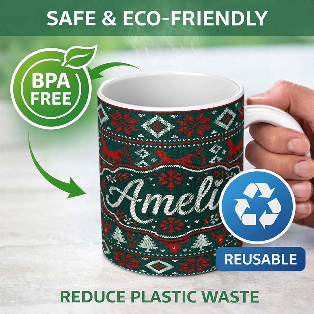 Personalized Custom Name Cute Green Red Nordic Animal Winter Festive Knitted Seamless Pattern 11oz Ceramic Coffee Tea Mug White Large Handle