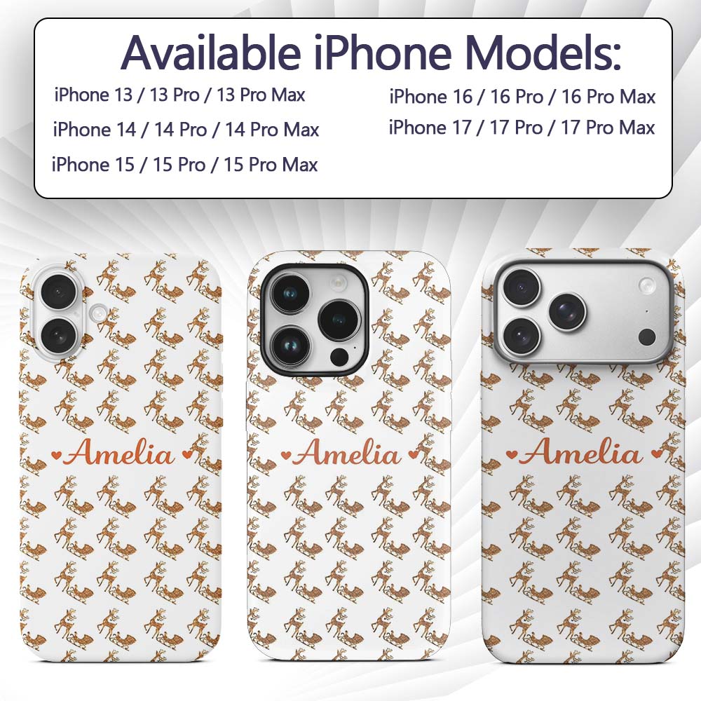Gold Glitter Reindeer Sleigh Christmas White Custom Name Protective Phone Case Mobile Cover Durable Everyday Smartphone Shock Resistant