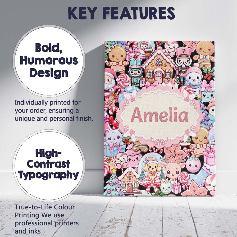 Personalised Name Cute Kawaii Christmas Custom Modern Room Accent Elegant Feature Canvas Wall Art Print Decor Picture Ready to Hang