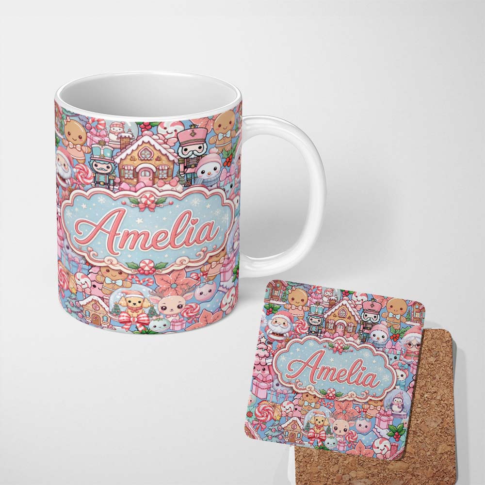 Personalized Custom Name Cute Kawaii Christmas Gingerbread Snowman Candy Gift Seamless 11oz Ceramic Coffee Tea Mug White Large Handle