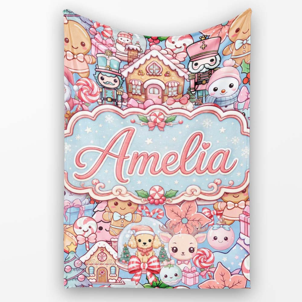 Cute Kawaii Christmas Gingerbread Snowman Candy Gift Seamless Personalised Custom Name Super Soft Fleece Blanket Bed Sofa Throw