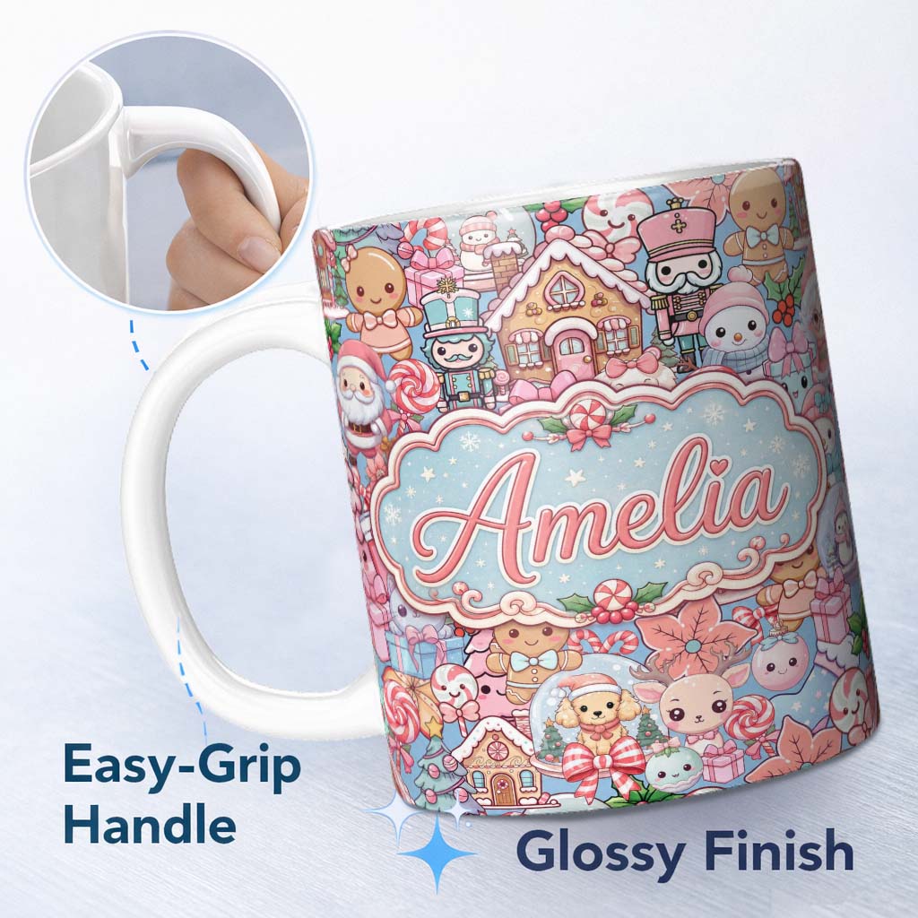 Personalized Custom Name Cute Kawaii Christmas Gingerbread Snowman Candy Gift Seamless 11oz Ceramic Coffee Tea Mug White Large Handle