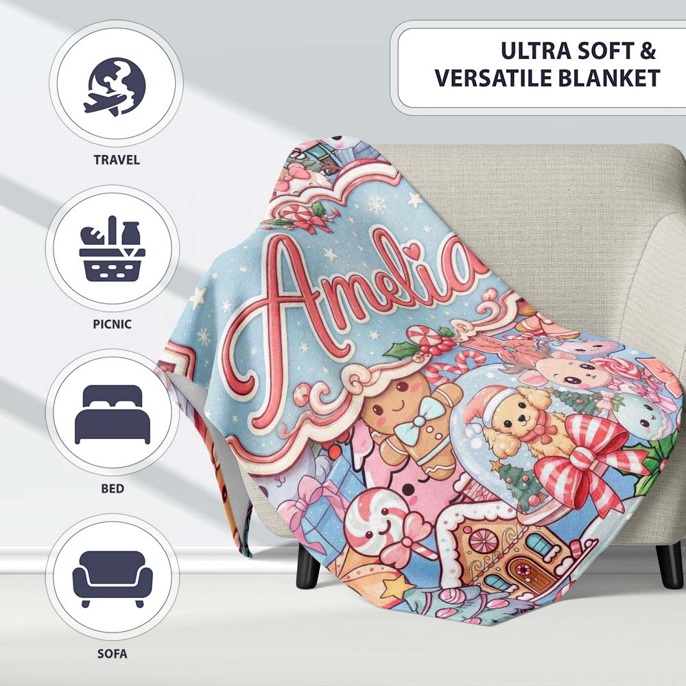 Cute Kawaii Christmas Gingerbread Snowman Candy Gift Seamless Personalised Custom Name Super Soft Fleece Blanket Bed Sofa Throw