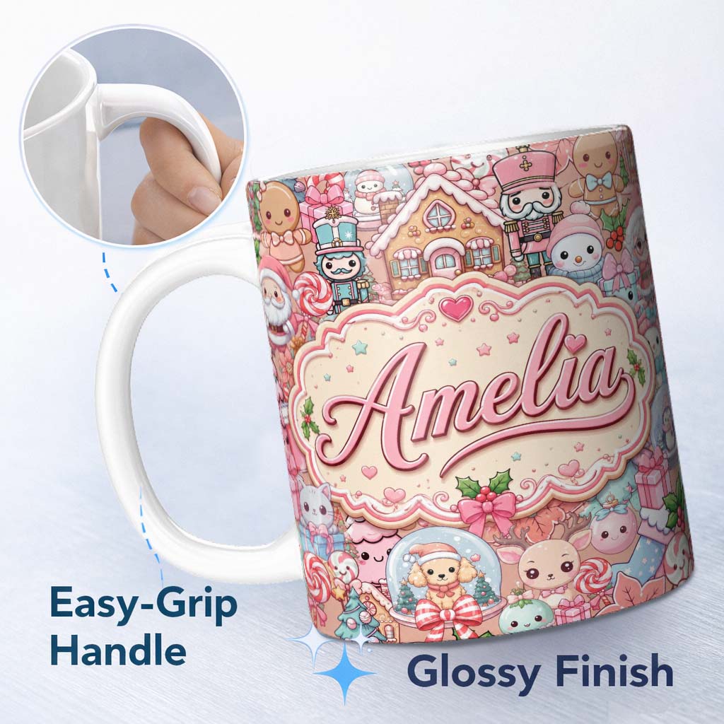 Personalized Custom Name Cute Kawaii Christmas Gingerbread House Candy Cane Seamless Pattern 11oz Ceramic Coffee Tea Mug White Large Handle