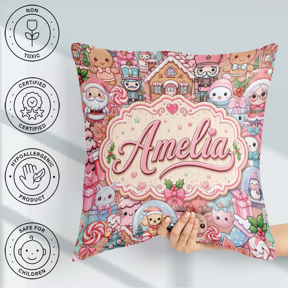 Custom Name Kawaii Gingerbread House Candy Cane Seamless Pattern Square Filled Cushion Throw Pillow Sofa Bed Home Decor Zip Washable UK Made
