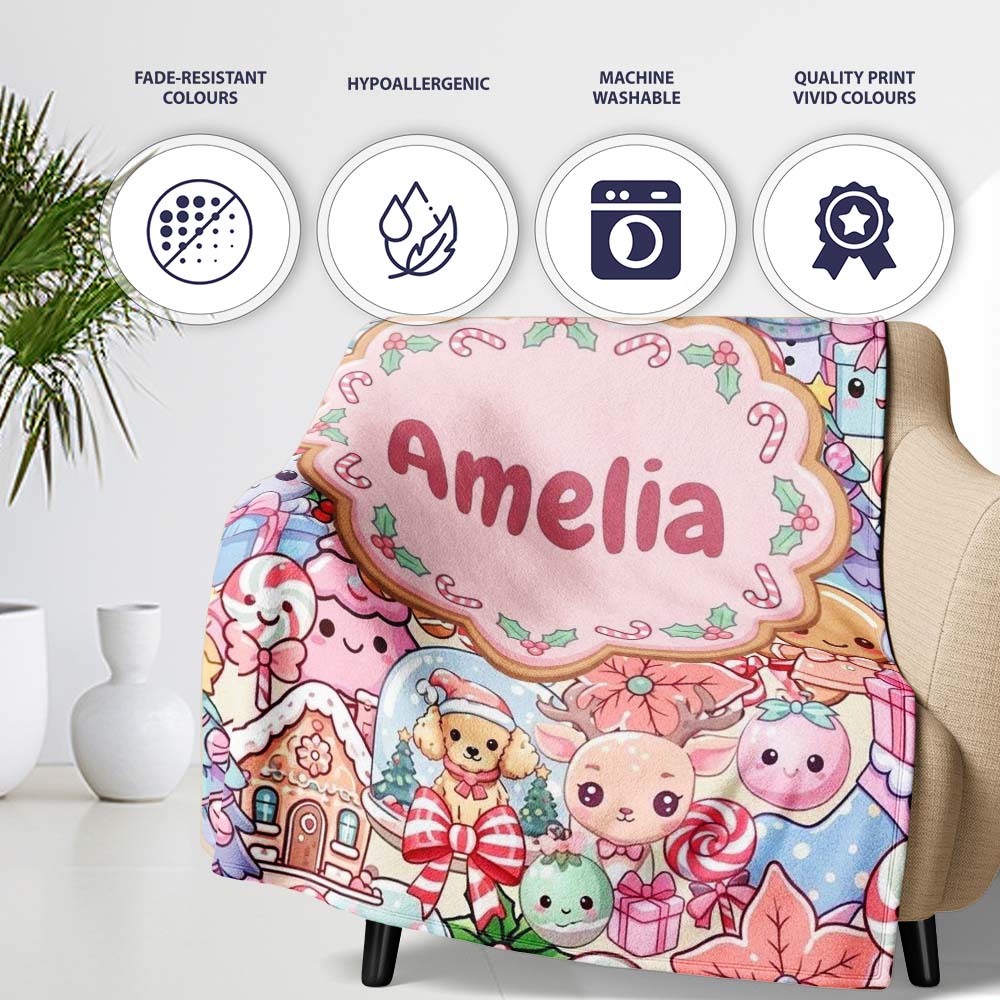 Cute Kawaii Christmas Gingerbread Reindeer Candy Gift Seamless Personalised Custom Name Super Soft Fleece Blanket Bed Sofa Throw