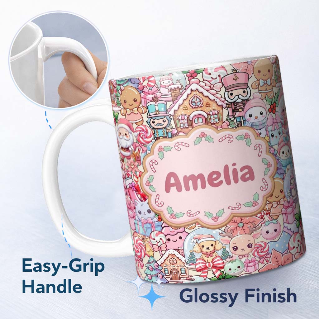 Personalized Custom Name Cute Kawaii Christmas Gingerbread Reindeer Candy Gift Seamless 11oz Ceramic Coffee Tea Mug White Large Handle