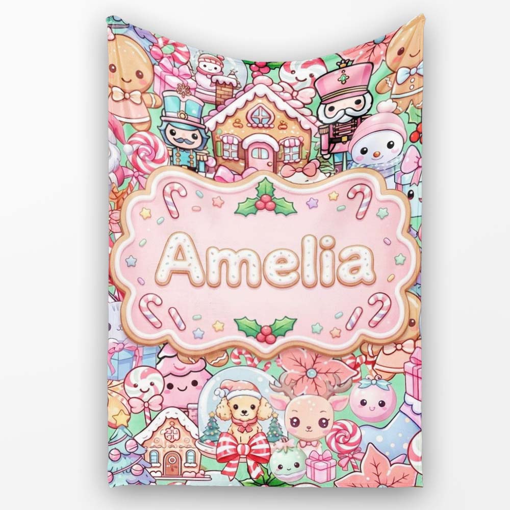 Cute Kawaii Christmas Gingerbread Toy Soldier Candy Seamless Personalised Custom Name Super Soft Fleece Blanket Bed Sofa Throw