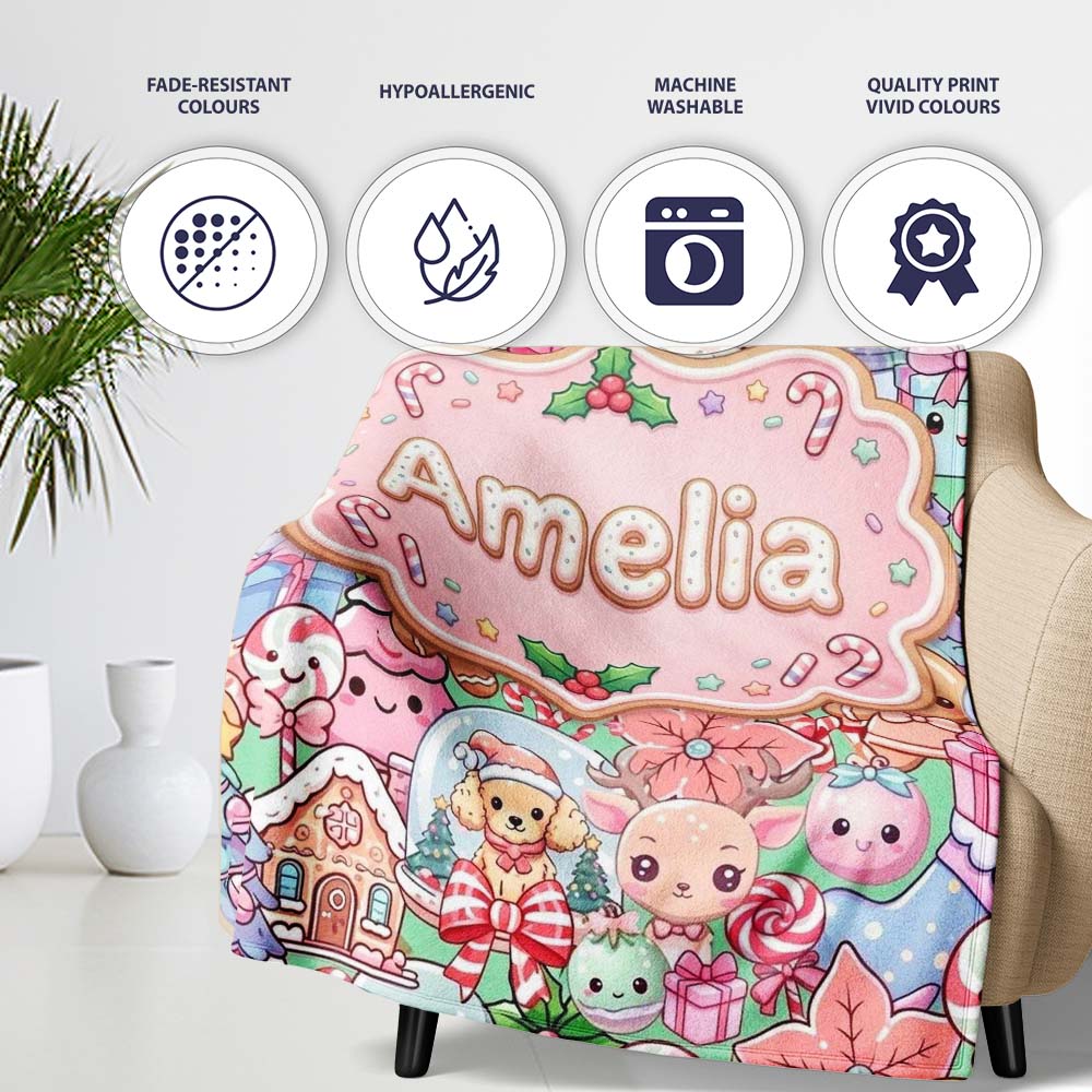 Cute Kawaii Christmas Gingerbread Toy Soldier Candy Seamless Personalised Custom Name Super Soft Fleece Blanket Bed Sofa Throw