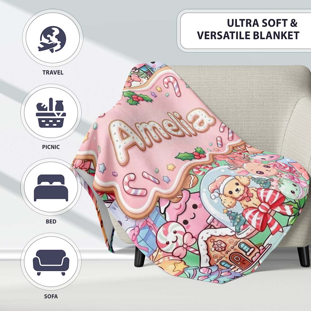 Cute Kawaii Christmas Gingerbread Toy Soldier Candy Seamless Personalised Custom Name Super Soft Fleece Blanket Bed Sofa Throw