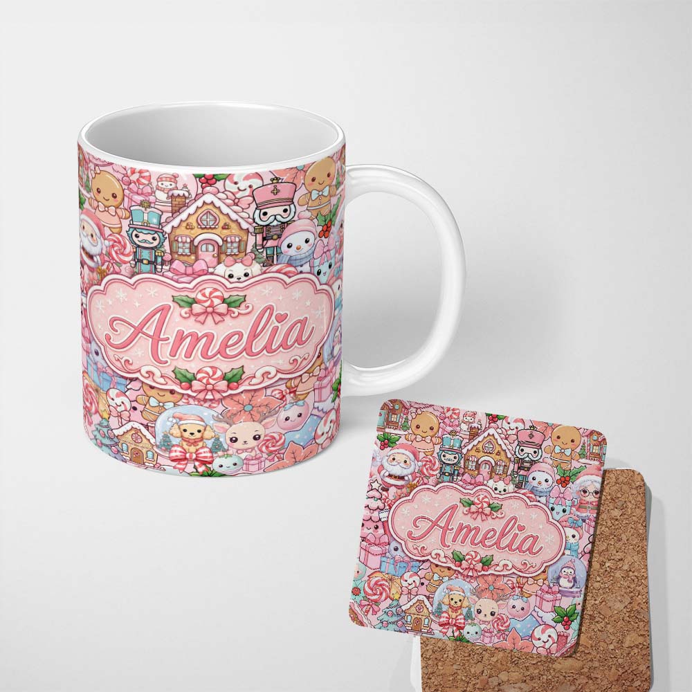 Personalized Custom Name Cute Kawaii Christmas Gingerbread Puppy Candy Gift Seamless Pattern 11oz Ceramic Coffee Tea Mug White Large Handle