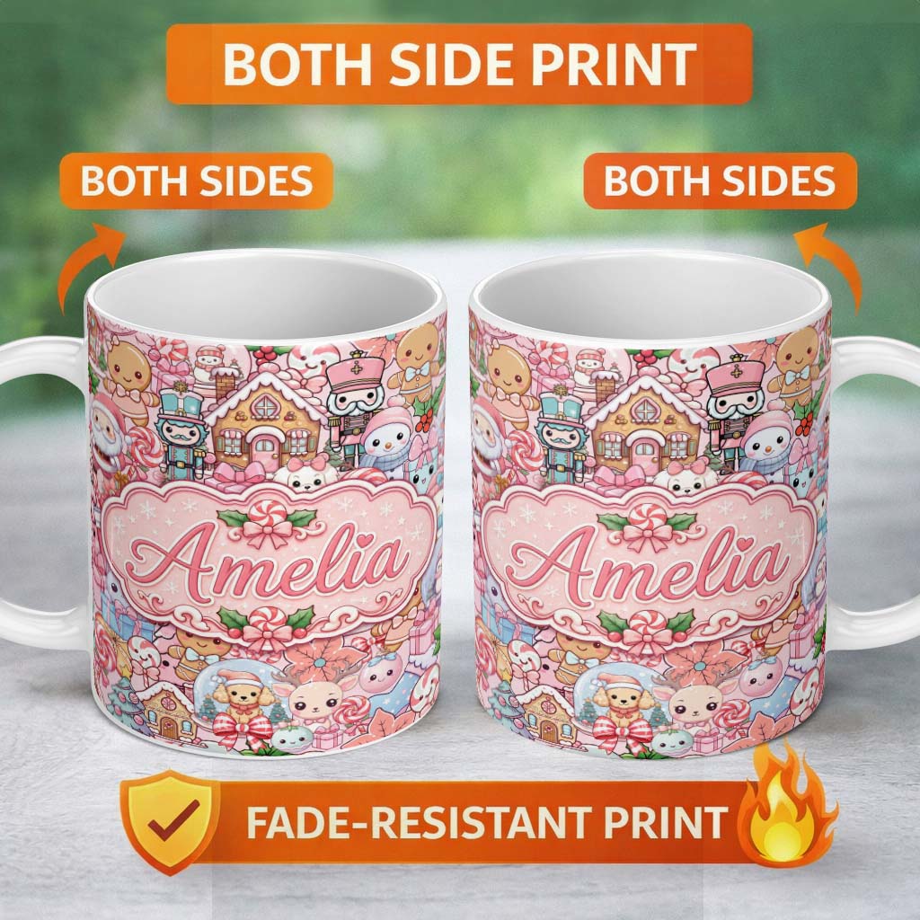 Personalized Custom Name Cute Kawaii Christmas Gingerbread Puppy Candy Gift Seamless Pattern 11oz Ceramic Coffee Tea Mug White Large Handle